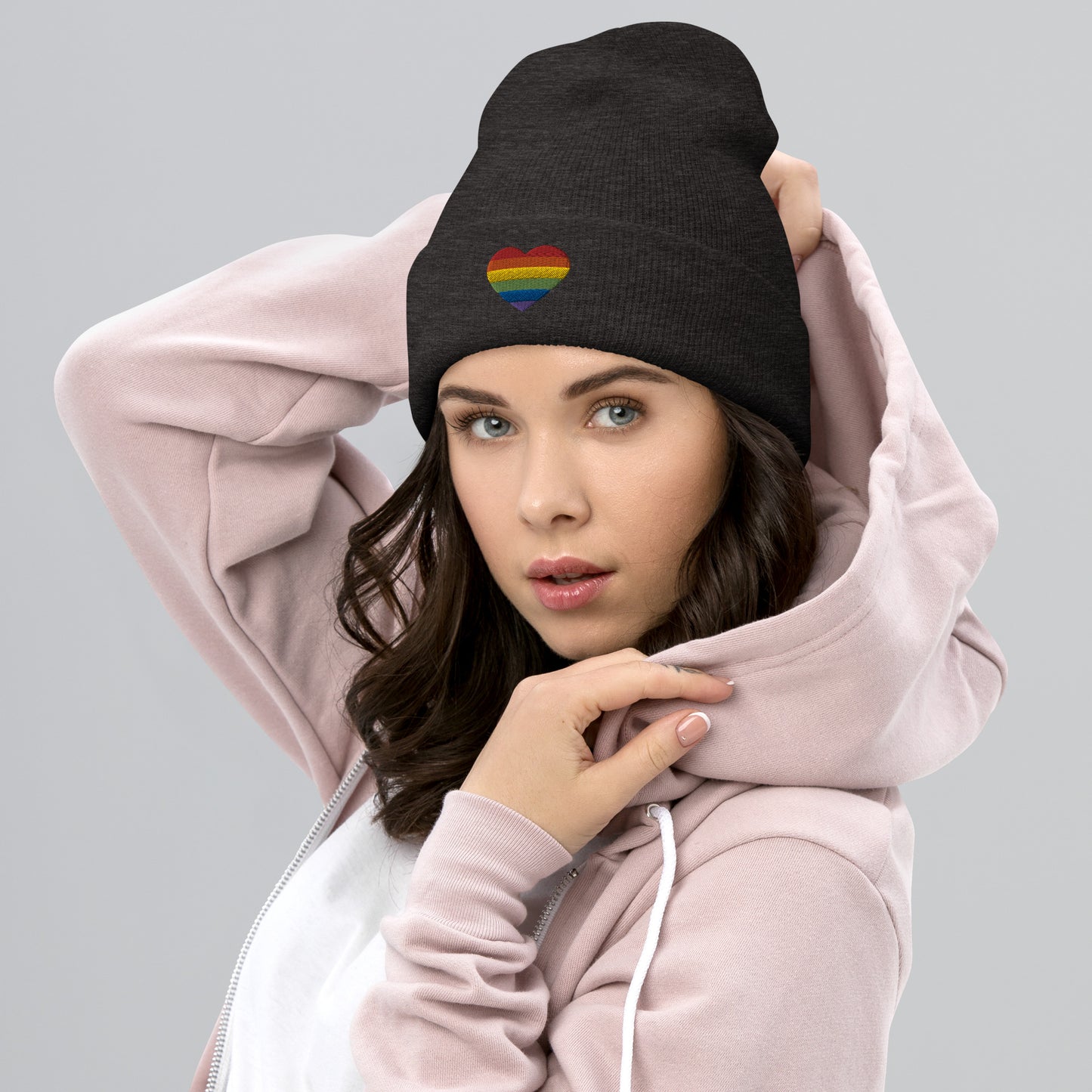 Rainbow Heart Cuffed Beanie
