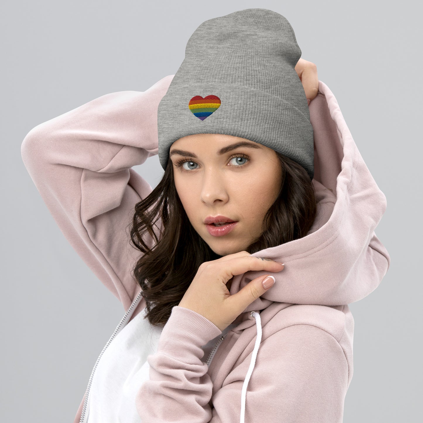 Rainbow Heart Cuffed Beanie