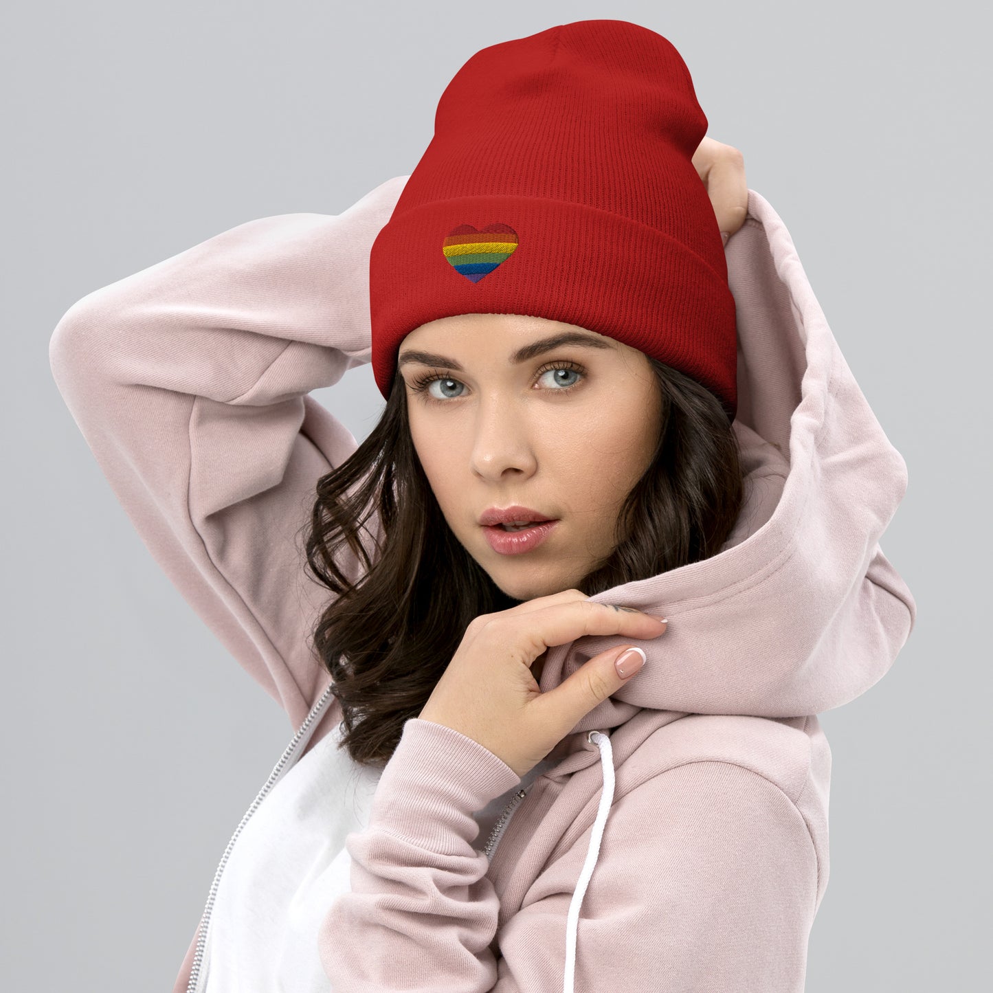 Rainbow Heart Cuffed Beanie