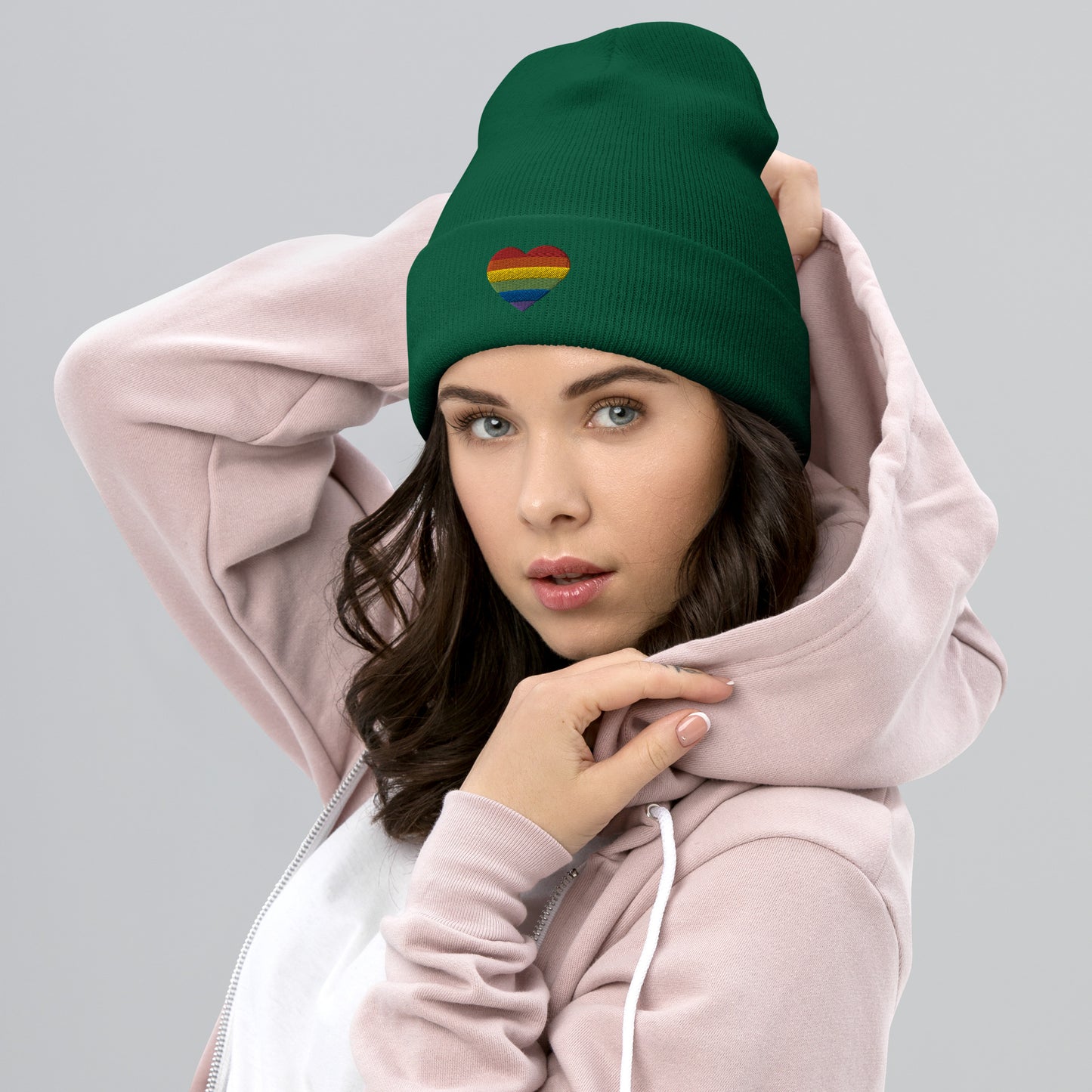 Rainbow Heart Cuffed Beanie